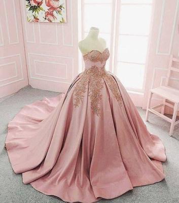 China Luxury Gold Dry Cleaning Sleeveless Lace Appliques Ball Gown Rose Wedding Dess With Long Tail for sale