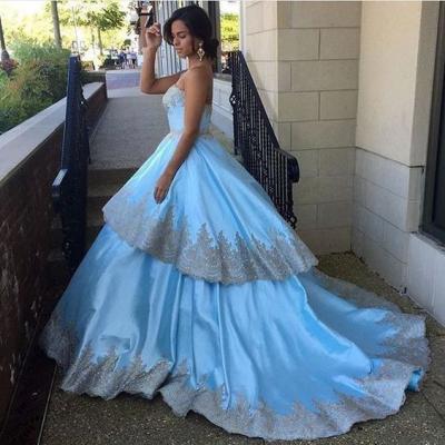 China Newest Dry Cleaning Satin Gold Lace Ice Blue Sleeveless Puffy Ball Gown Wedding Dress for sale