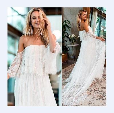 China Breathable Beach Style Off The Shoulder Illusion Lace Applique Vintage Boho Wedding Dress for sale