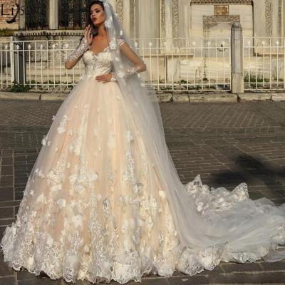 China Anti-wrinkle New Arrivals Flower To Lace Up Wedding Dress Champagne Colored A Line Wedding Dress for sale