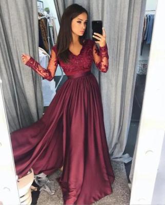 China Viable V-Neck Tailored Mexican Made Mexican Long Sleeve Ladies Prom Dresses With Slit for sale