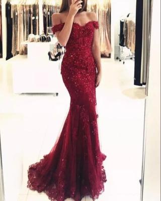 China Viable Burgundy Elegant Dubai Off The Shoulder Mermaid Lace Evening Prom Dresses for sale