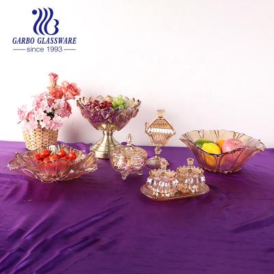 China Available Competitive Price Viable Stock Gold Plate Glass Decorative Fruit Bowl Fruit Dish With Decorative Stem Gold Bow for sale