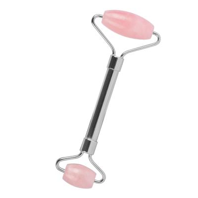 China Wholesale Face Gold Metal Handle Rose Quartz Facial Pink Jade Roller for sale