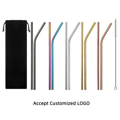 China Viable Wholesale Custom Reusable Cocktail Straw Stainless Steel Metal Straws Set With Pocket Drinking Straw With Brush for sale