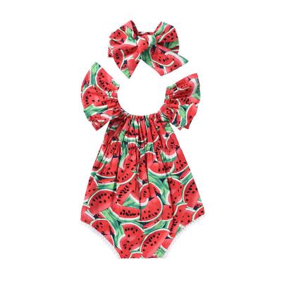 China 100% Cotton Baby Clothes Summer Style Short Jumpsuit Girls Watermelon RTS Printing Newborn Romper With Headband for sale