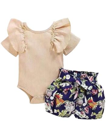 China Toddler Baby Clothes Casual Outfit Ruffle Short Sleeve Tops+Pant Set Cotton Wholesale Kids Prefer Rompers for sale