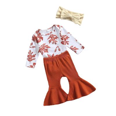 China 100% Cotton Maple Leaves Print Newborn Baby Romper Long Pants Autumn Custom Ribbed Sets for sale