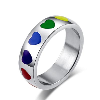 China Lead Free Nickel Free Heart Ring For Woman Stainless Steel Enamel Chunky Rings Jewelry Fashion Personality Rainbow Color for sale