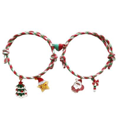 China 2Pcs/Set Cute Christmas Jewelry Charm Bracelets With Santa Claus Christmas Tree Love Magnet Rope Bracelets For Couples Best Friend for sale