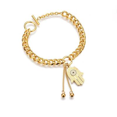 China Vintage Wholesale Christian Jewelry Pearl Bracelet Bangle 18k Gold Plated Stainless Steel Eye Palm Hand Pendant Bracelet For Girls for sale