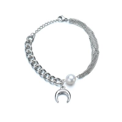 China 2021 Trendy Vintage Stainless Steel Fashion Jewelry Chain Bead Multi Layer Charm Moon Bracelet For Women for sale