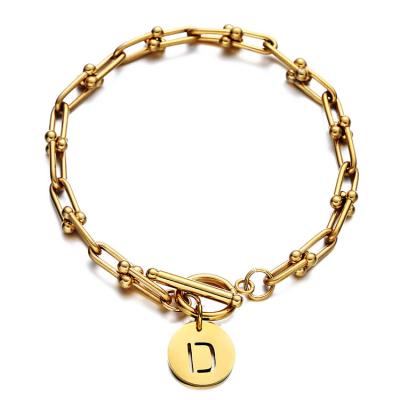 China TRENDY Personalized Mom 18K Initial Letters 26 Stainless Steel Gold Plated Charm Bracelet Bangle Bracelets Party Jewelry for sale