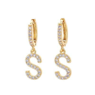 China Fashion Copper Bling CZ 18K Alphabet Initial Letter TRENDY Gold Plated Earrings Zircon Women Dangle Circle Earrings for sale