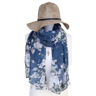 China Custom French Voile Women Rose Flower Printed Scarf Cotton Voile Scarf Vintage Wrap Shawl for sale