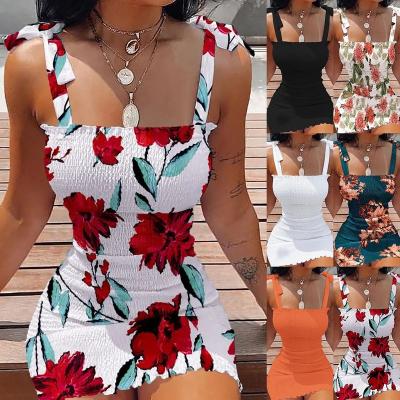 China Polyester / Cotton jerry   new summer floral print off-neck tube top cinched waist dress women's clothing in stock for sale