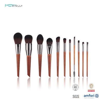 China Aluminium Ferrule 11PCS Wooden Handle Makeup Brushes Soft Nylon Hair for sale