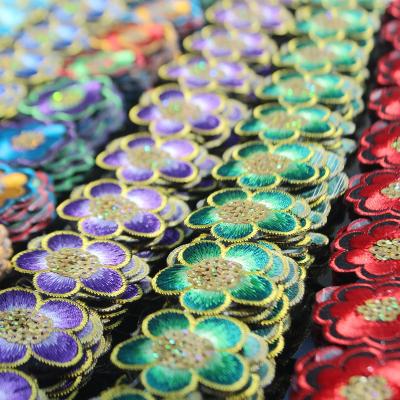 China High Tenacity 4cm Wide 5yard/piece Sequins Lace Up Ribbon African Embroidered Flower Trim Band Iron On Fabric Diy Clothes 6color In Stock for sale