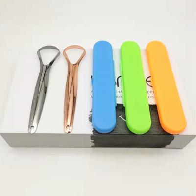 China Tongue Cleaning Rose Gold Color Tongue Scraper Oral Hygiene Pure Copper Dental Scraper for sale