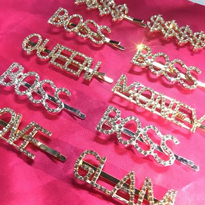 China Custom Made Simple Zinc Alloy Shiny Soft Bling Rhinestone Hair Pins Clip Letter Hairpins For Girls for sale