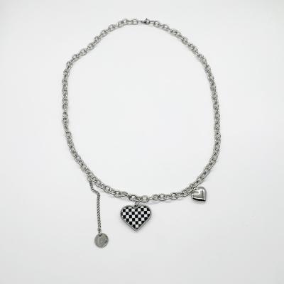 China High quality fashion checkerboard shaped simple titanium steel necklace metal love heart necklace for sale