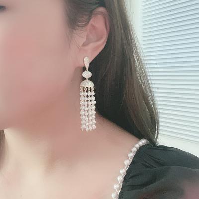 China 2021 High Quality Fashionable Silver Zircon Stud Earrings Tassel Pearl Zircon Stud Earrings Women S925 Needle for sale