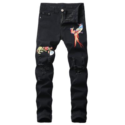 China New designer QUICK DRY men's blue black heans ripped personality slim fit embroidered fashionable men's stretch jeans pants for sale