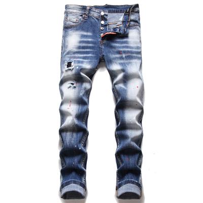 China Factory Price Light Blue QUICK DRY Disstressed Denim Fabrics Men Raindrop Jeans Hole Ripped Crush Jeans Pants Pants for sale