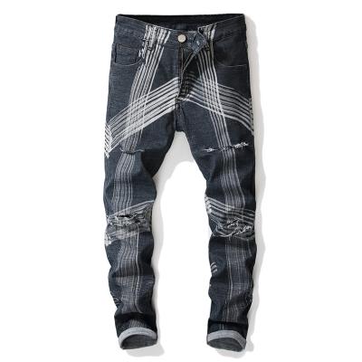 China QUICK DRY black men printed stretch jeans ripped straight mens pants knee ripped pants plus size jeans for men for sale