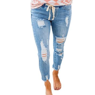 China QUICK DRY Custom Elasticity Broken Hole Jeans Denim For Female Women Jeans Pants for sale