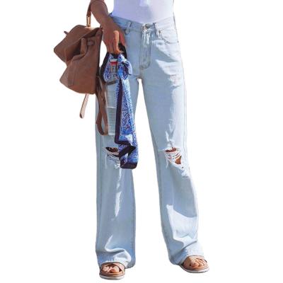 China Hot Selling New Style QUICK DRY Washed Hole High Waist Temperament Denim Pants Mom Jeans Wide Leg Pants Women Wide Leg Pants for sale