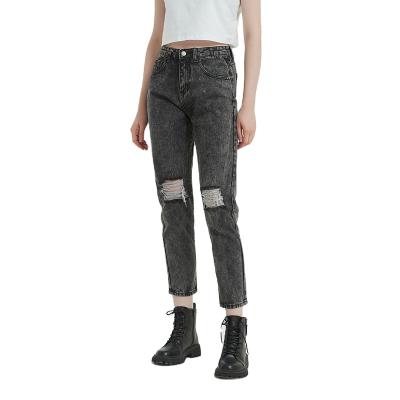 China QUICK DRY custom ladies casual street gray ripped straight-leg pants washed jeans ripped jeans womens jeans pants for sale