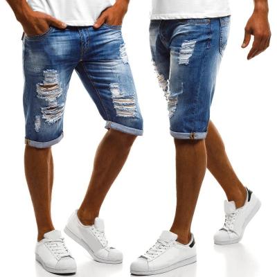 China Hot Selling Custom Blue Mens Pants Distressed QUICK DRY Slapped White Washed Straight Denim Shorts Mens Trousers Jeans for sale