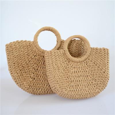 China 2022 New Fashion Lady Custom Lady Designer Solid Color Casual Straw Woven Moon Bag Hot Selling Handbag With Ribbon for sale