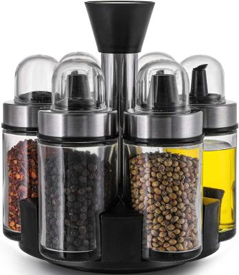 China Sustainable Olive Oil and Vinegar Dispenser Bottle Set of 6 Bottles, Glass Condiment Set with 360Rotating Rack, Premium Salt and Pepper for sale