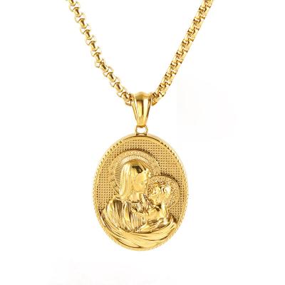 China Environmental Friendly Stainless steel retro Christian religion holy figures the Virgin Mary and baby Christ oval pendant chain necklace men women for sale