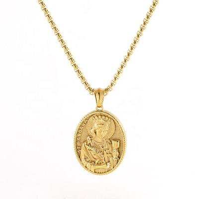 China Environmental Friendly Stainless steel retro Christian religion holy figures the Virgin Mary Grail Christ oval pendant chain necklace men women for sale