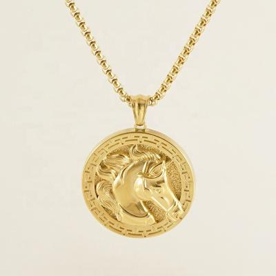 China Environmental Friendly embossed Stainless steel gold plated retro double unicorn lucky cute round tag pendant bead chain necklace for men women lovers for sale