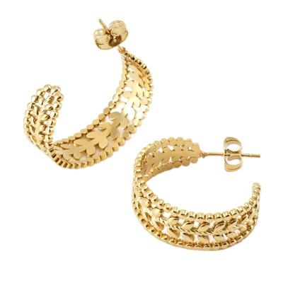 China TRENDY CC shaped leaf semi circle hoop titanium surgical stainless steel wheat rice 18K gold plated earrings for women for sale