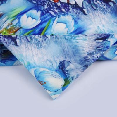 China Anti-static Beautiful Flower Elf Design Blue Crepe Printed Polyester Fabric Stock For Shirt for sale