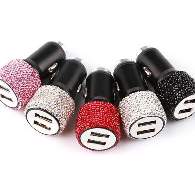 China Girly Pink Car Mounted Diamond Portable Dual USB Charger Fast Charging Technology and Dual Ports are Compatible with All Cell Phones for sale