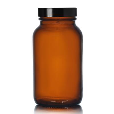 China 250ml Recyclable Wide Mouth Medicine Bottle Glass Round Amber Pill Troche Glass Bottle for sale