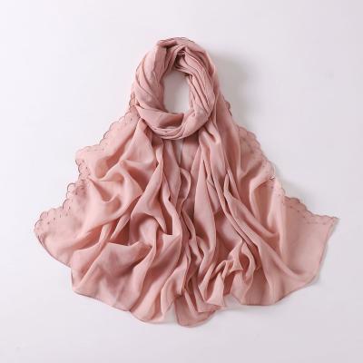 China Wholesale Long Custom Printed Simple Premium Heavy Chiffon Hijab Scarf Rhinestone Big Edge Lace Women Long Shawl Wrap Muslim Headscarf for sale