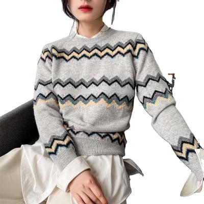 China Anti-wrinkle Autumn Winter Apparel Cashmere Multicolor Striped Sweater Full Round Neck Knitted Long Full Sleeve Sweater Custom Made for sale