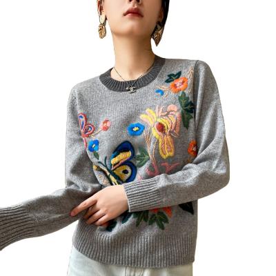 China 2021 Anti-wrinkle Nes fall and winter style fashion casual flower pattern embroidered round collar long sleeve women knit sweater cashmere for sale