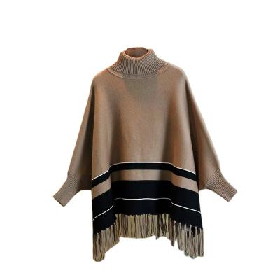 China Jacquard Fashionable High-necked Plaid Loose Batwing Sheath Irregular Knit Sweater Fringe Cape Shawl Poncho for sale