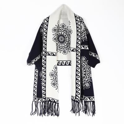 China High Quality Jacquard Wool Cashmere Poncho Scarf Knitted Cover Up With Tassels And Embroidery for sale