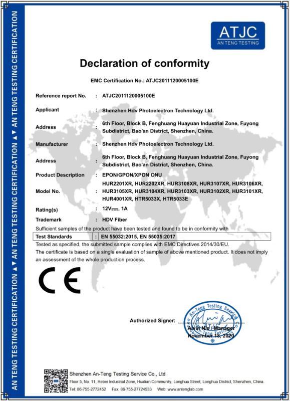 CE - Shenzhen Hdv Photoelectron Technology Ltd.