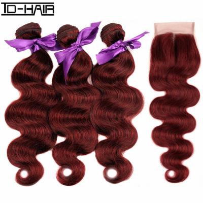 China Body Wave 99J Color Hair Bundles With Lace Closure Virgin Brazilian Remy Hair Extension for sale