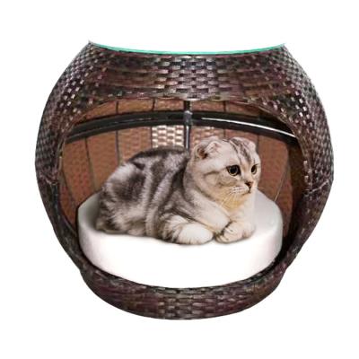 China 13mm  Eco-Friendly Rattan Cat Bed Woven Apple-Shape Dome Cat Cave Cushion Coffee Table Natural Pet Houses Furniture for sale